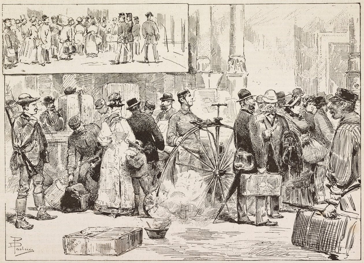 Fumigation against cholera at station, apprentice on velocipede, Rome, Italy, engraving from drawing by Dante Paolocci, from L