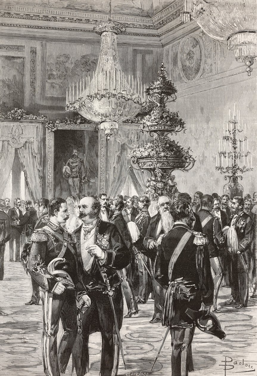 Olasz politikusok és tisztek szilveszterezni a Quirinal palotában, Róma, Olaszország, Centenari metszet Dante Paolocci rajzából, L