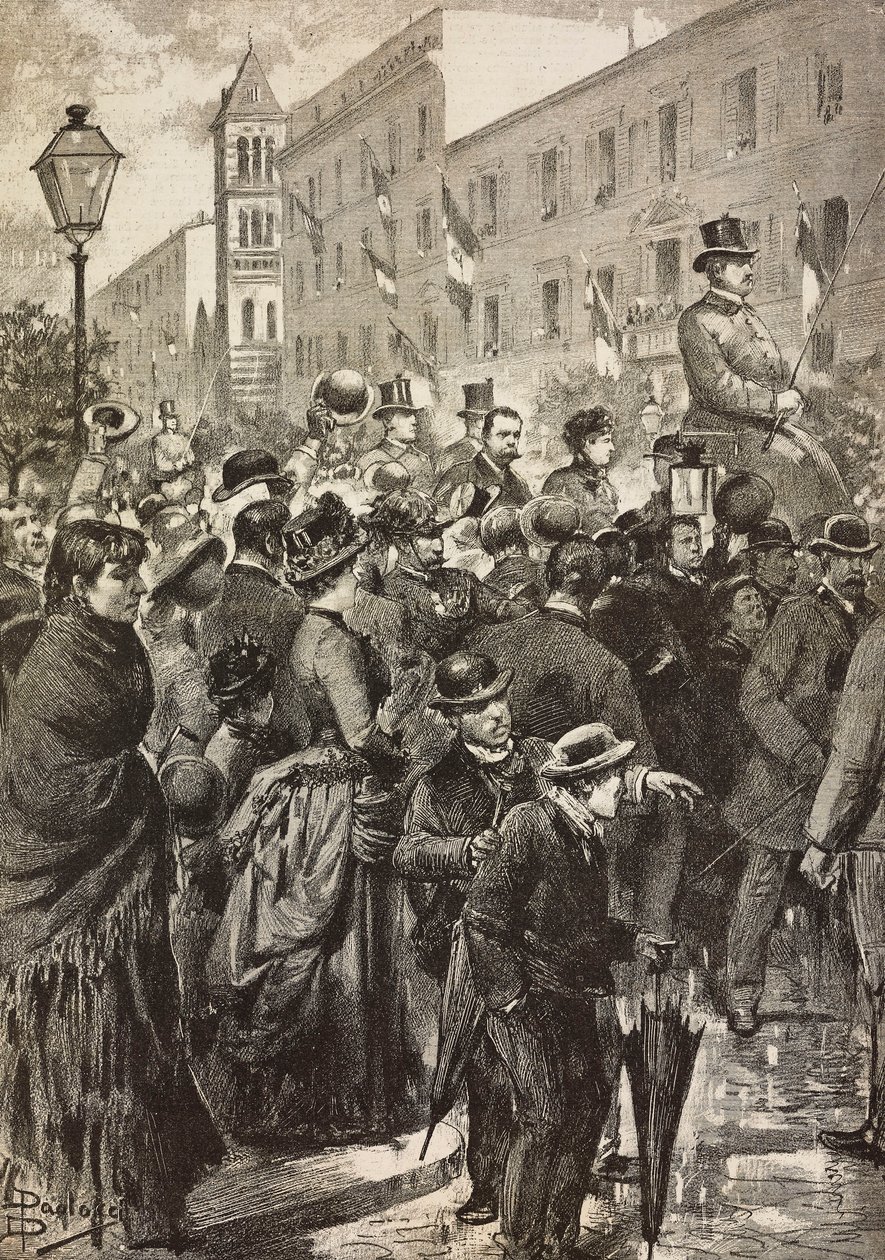 King Umberto I and Queen Margherita returning from their visit to Naples hit by cholera, Rome, Italy, engraving from drawing by Dante Paolocci, from L