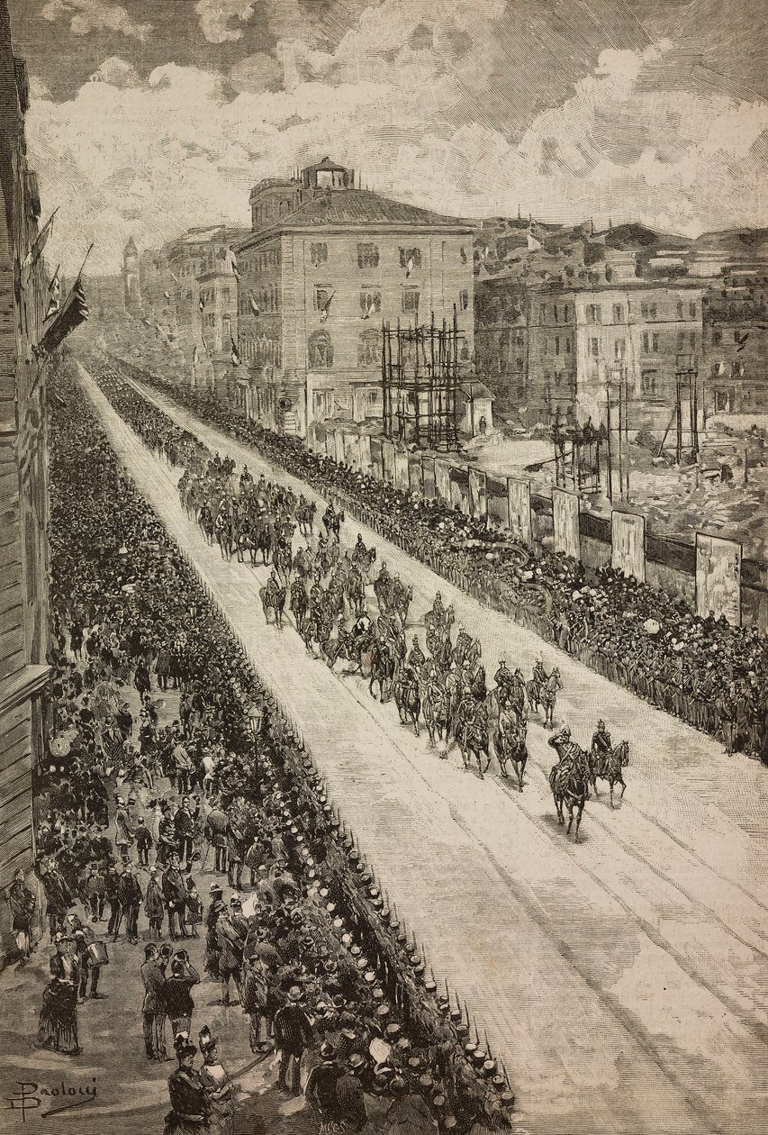 A király visszatér Quirinalba a Dogali emlékmű felavatása után, Róma, Olaszország, metszet Dante Paolocci rajzából, a L