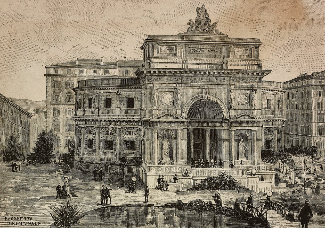 Nagy akvárium a Piazza Manfredo Fantiban január 29-én nyílt meg Rómában, Olaszországban, G Gamberoni metszet Dante Paolocci rajzából, L