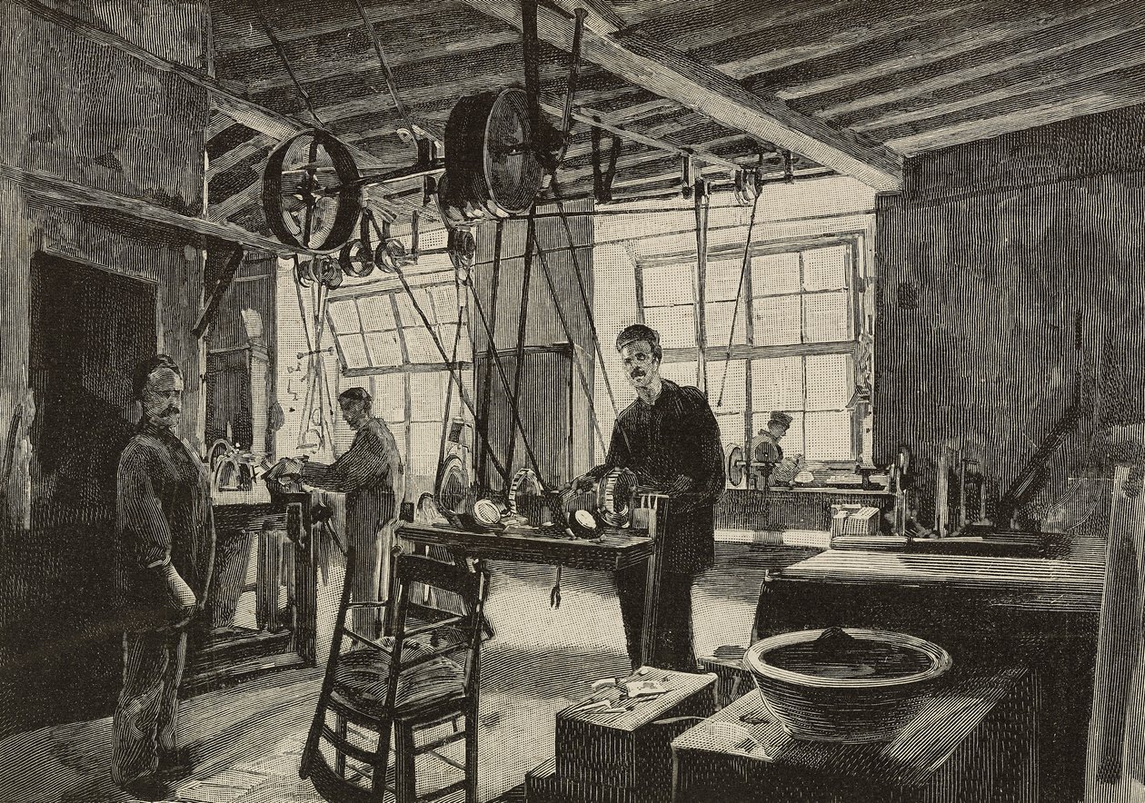 Mechanical workshop in mint of Rome, Italy, engraving after drawing by Dante Paolocci, from L