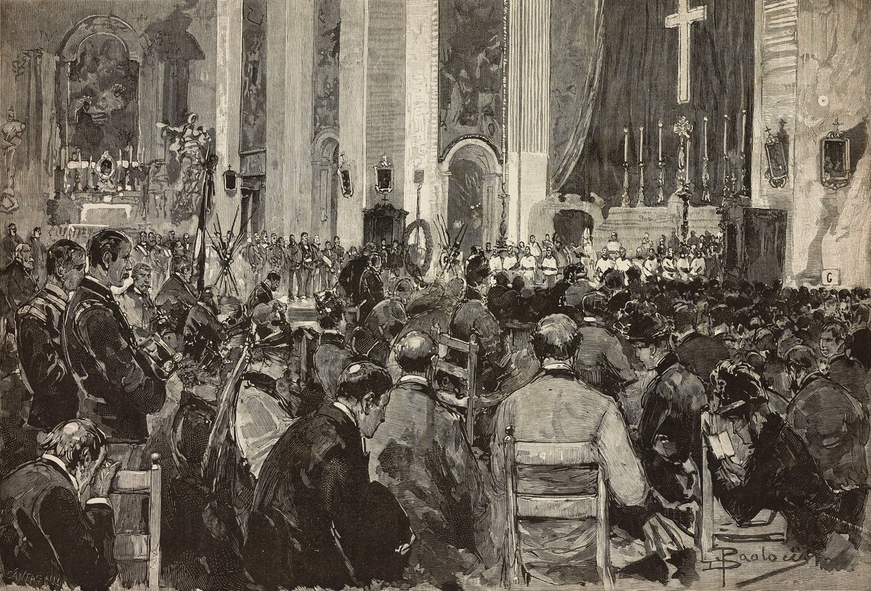 Dogali halotti obsequies a Sant Andrea della Valle templomban, Rómában, metszet Dante Paolocci rajzából, L