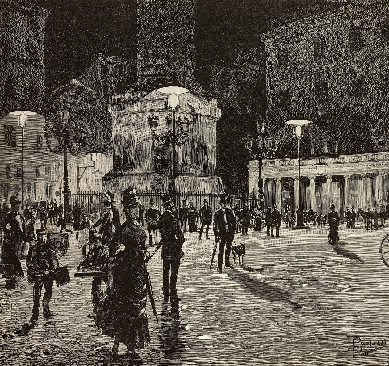 Elektromos fénnyel megvilágított Piazza Colonna, Róma, Olaszország, Dante Paolocci rajza, L