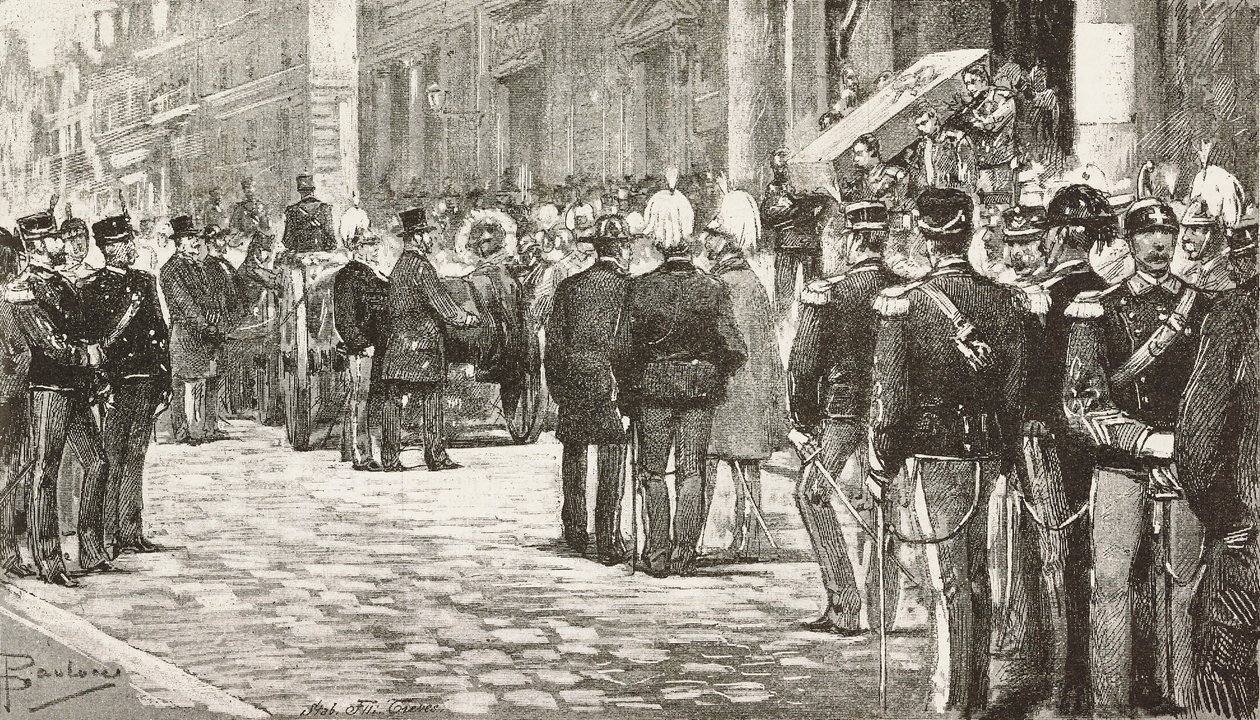 Politikusok és tisztek, akik részt vesznek Luigi Mezzacapo (1814-1885) olasz politikus és tiszt temetésén, Róma, Olaszország, metszet Dante Paolocci rajzából, L