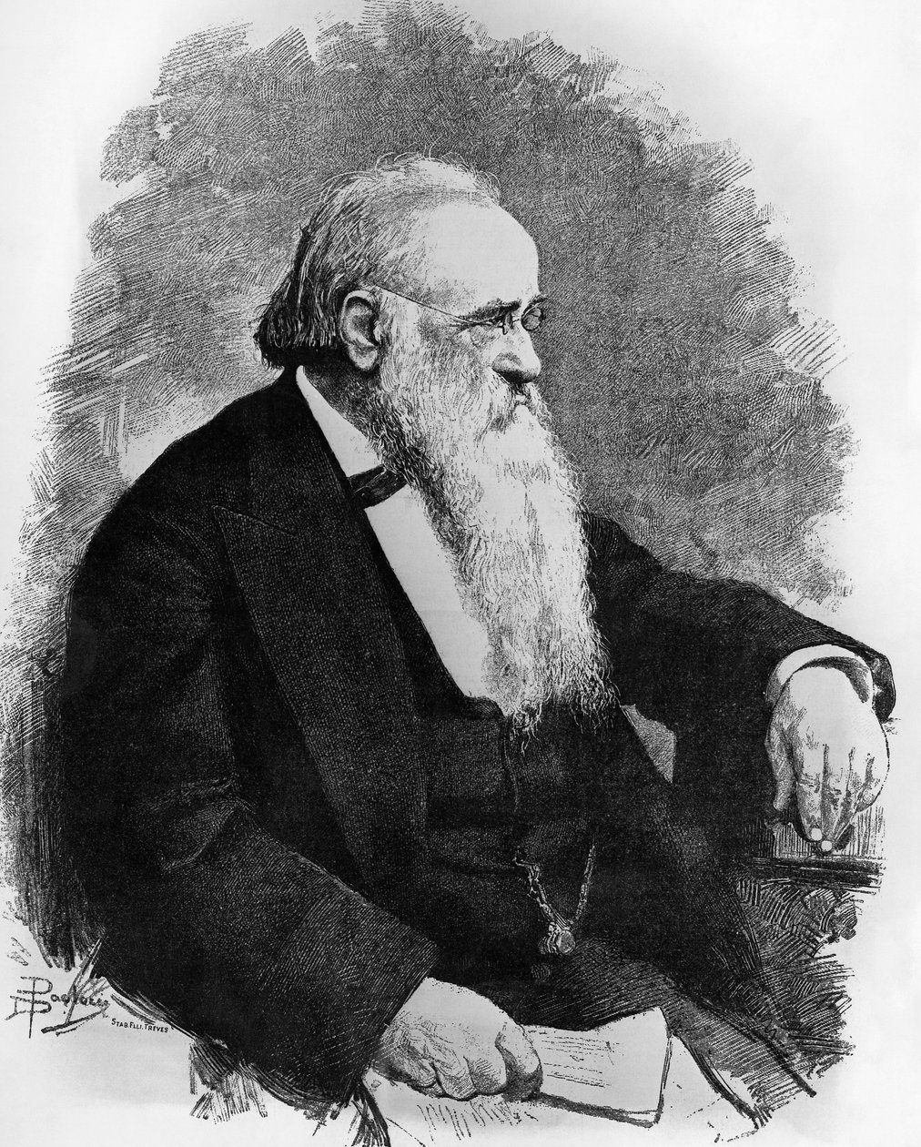 Agostino Depretis (1813-1887) olasz államférfi portréja, Dante Paolocci (1856-1926) rajza, metszet a L
