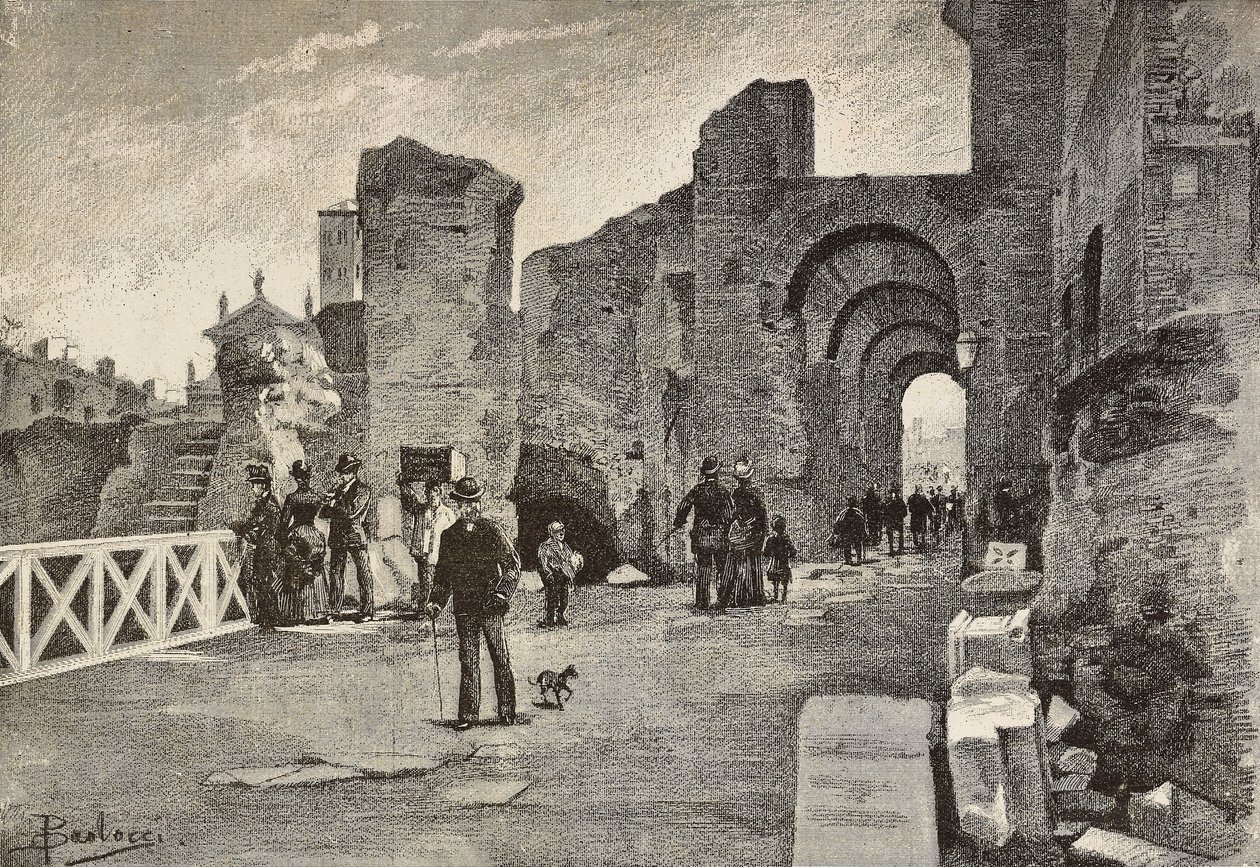 Nyilvános sétány (Summa Nova Via) a Palazzo dei Cesariban, Rómában, Olaszországban, metszet Dante Paolocci rajzából, L