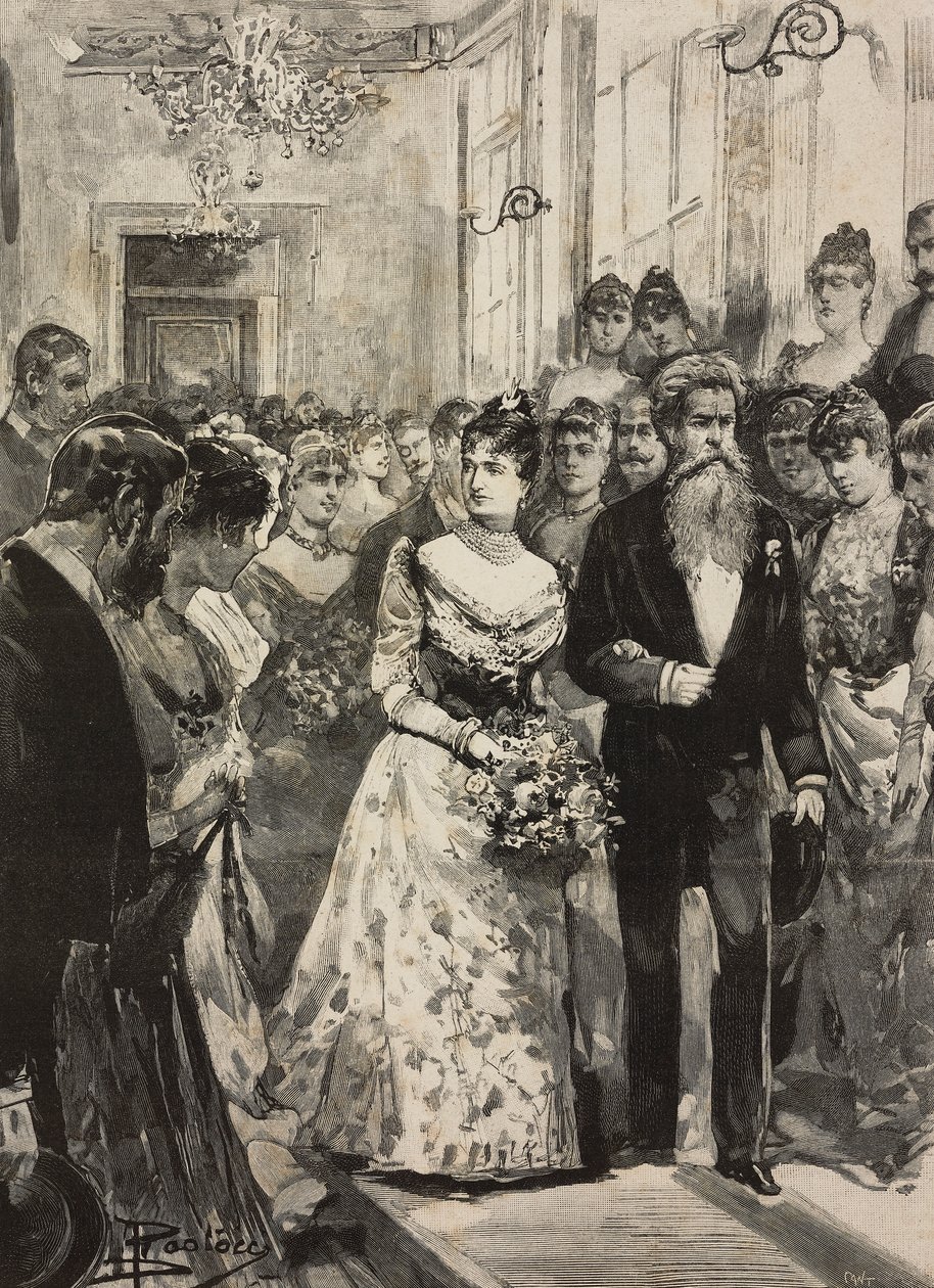Savoyai Margherita királynő a római Artistic Club (Circolo Artistico) partiján Giulio Monteverde szobrászművész kíséretében (Olaszország), metszet Dante Paolocci rajza után, a L