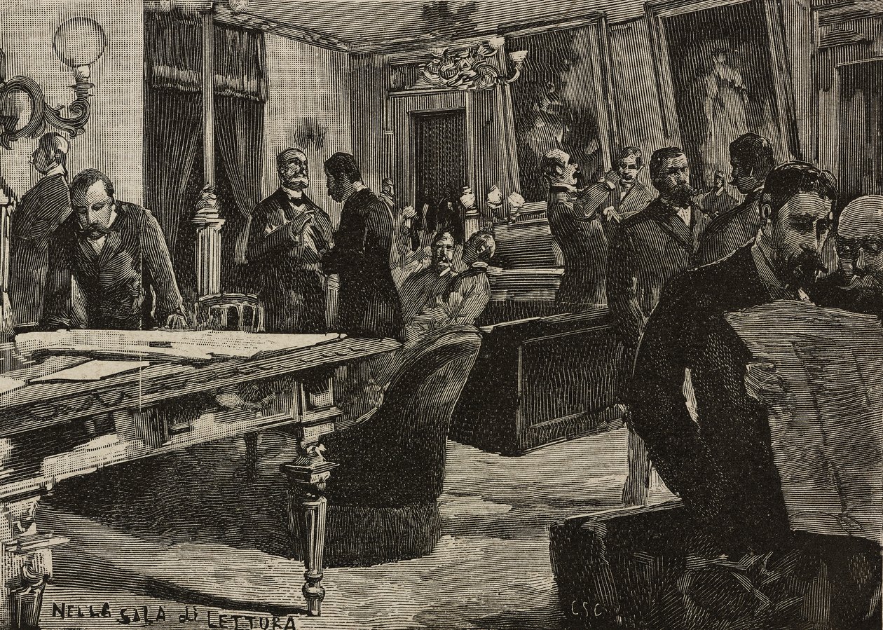 Olvasóterem a Palazzo Montecitorioban, Róma, Olaszország, metszet Dante Paolocci rajza alapján, a L