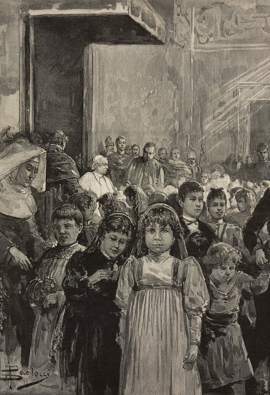 Gyermekek fogadása XIII. Leó pápa jubileumi ünnepségén, Vatikánban, metszet Dante Paolocci rajza után, a L