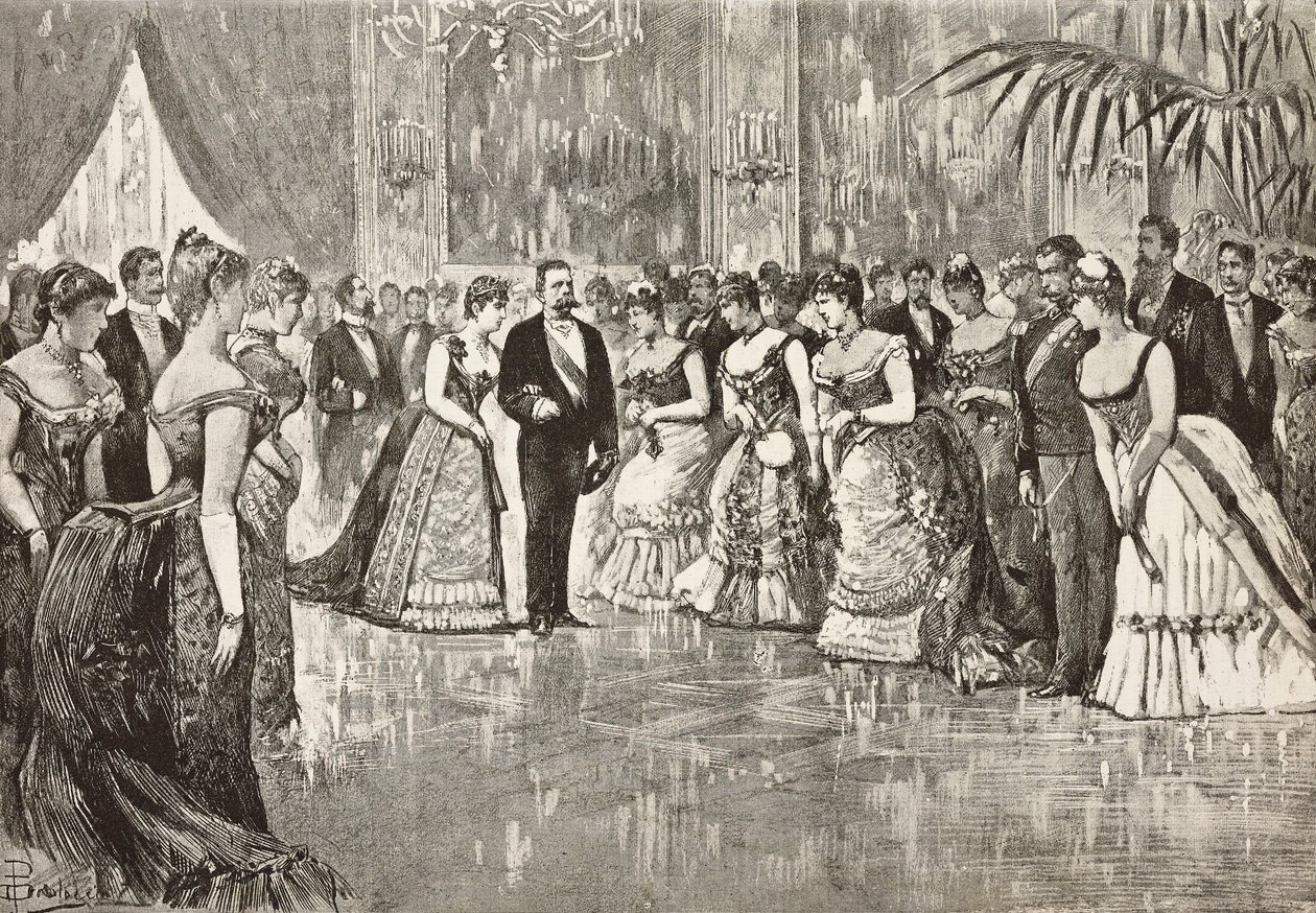 I. Umberto (1844-1900), olasz király és felesége Savoyai Margherita (1851-1926) a Quirinal-palotában, Rómában, Olaszországban, metszet Dante Paolocci rajzából, L