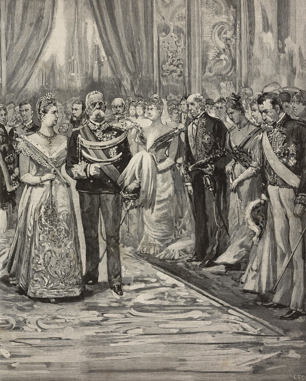 I. Umberto és Savoyai Margherita ezüstlakodalmuk alkalmából tartott koncerten, a Palazzo del Quirinale, Róma, Olaszország, metszet Dante Paolocci rajza után, a L