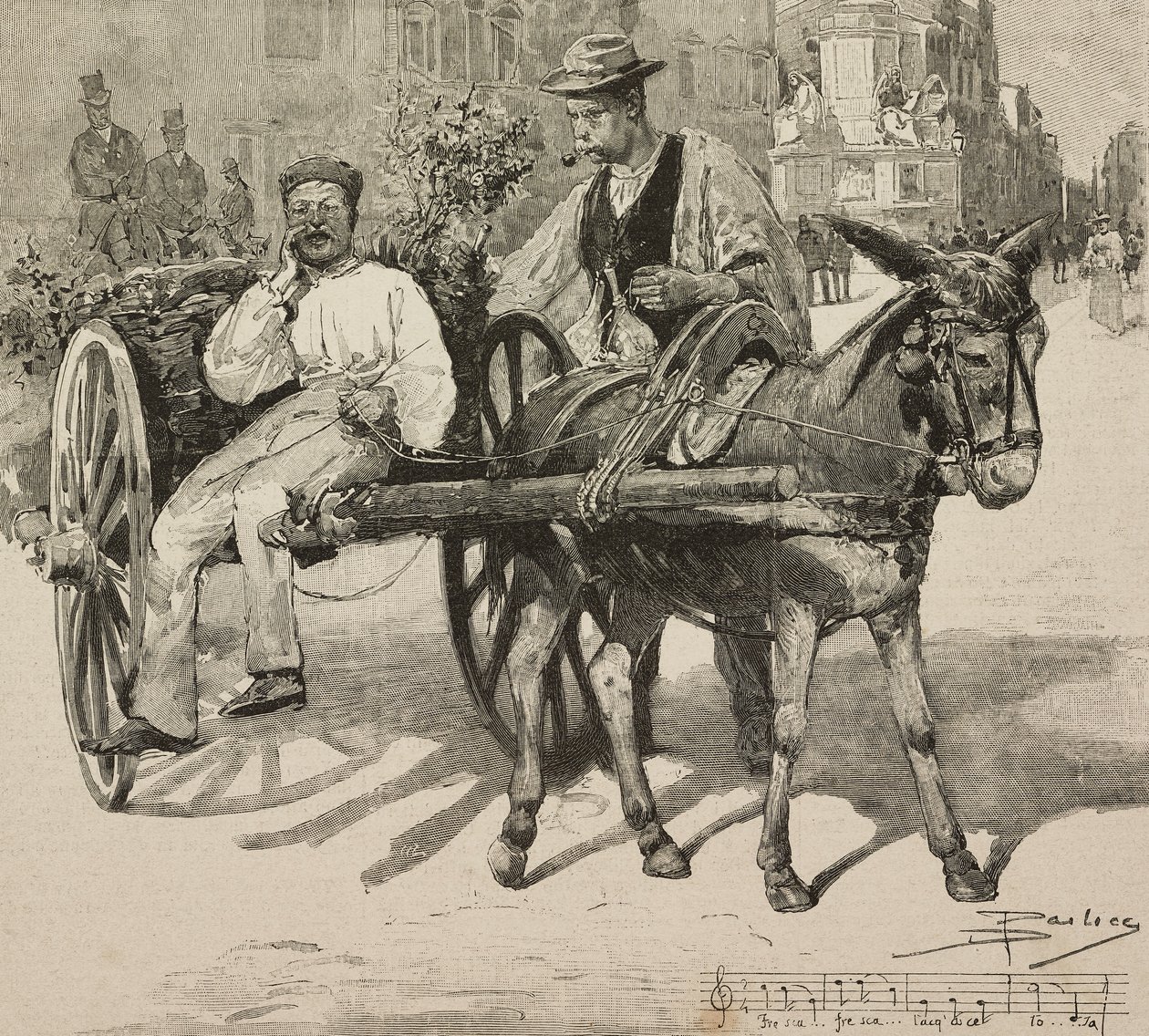 Vízárus (acquarolo), Róma utcáiban lévő Acetosa szökőkútból származó vizet árusít, Dante Paolocci rajza alapján, a L