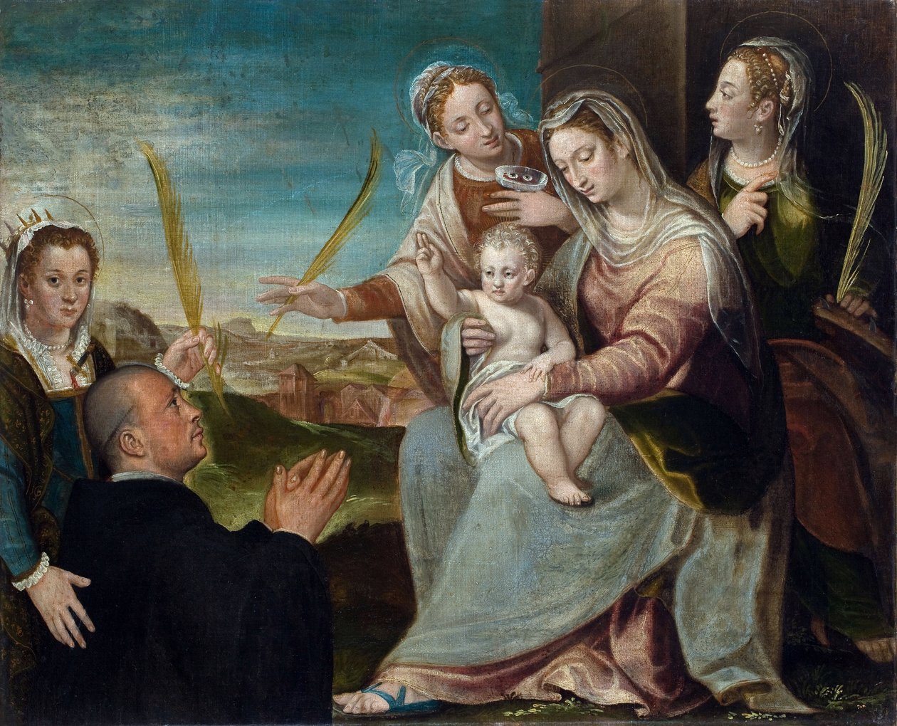 Szűz és gyermek Szent Katalinnal, Szent Luciával, Páduai Szent Jusztinnal és egy bencés szerzetessel – Dario Varotari, az idősebb (1539-1596) festménye, olaj, vászon alkotó: Dario the Elder Varotari