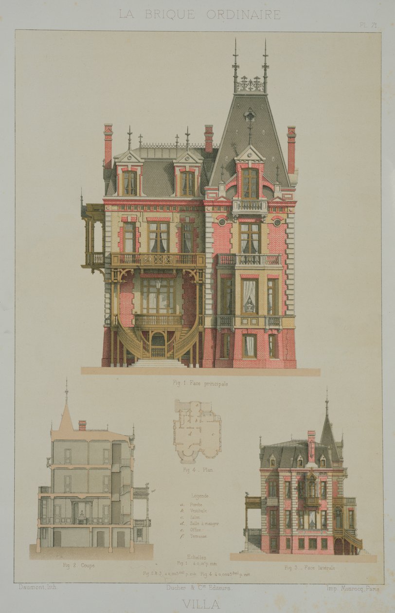 Egy trouville-i téglavilla terve, illusztráció J. Lacroux "La Brique Ordinaire" című művéből, Editions Ducher, 1878. alkotó: Daumont