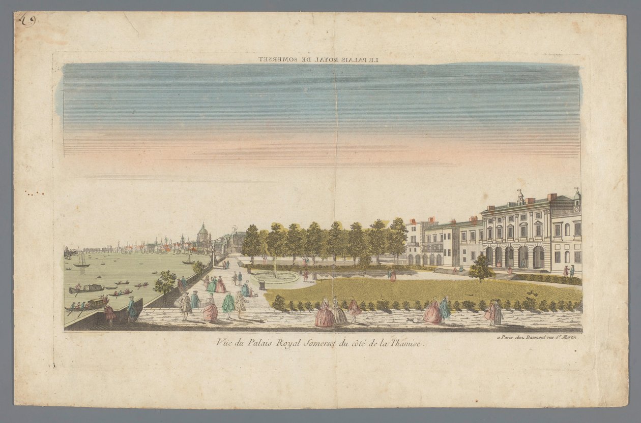 Kilátás a Somerset-házra a Temze partjáról, Londonnal a háttérben Le Palais Royal de Somerset / Vue du Palais Royal Somerset du côté de la Thamise (cím a tárgyon) alkotó: Daumont