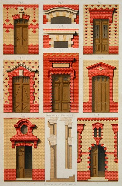 Tervek vetületekhez és oromfalakhoz téglából, illusztráció a „La Brique Ordinaire”-ből, J. Lacroux, Editions Ducher alkotó: Daumont Daumont