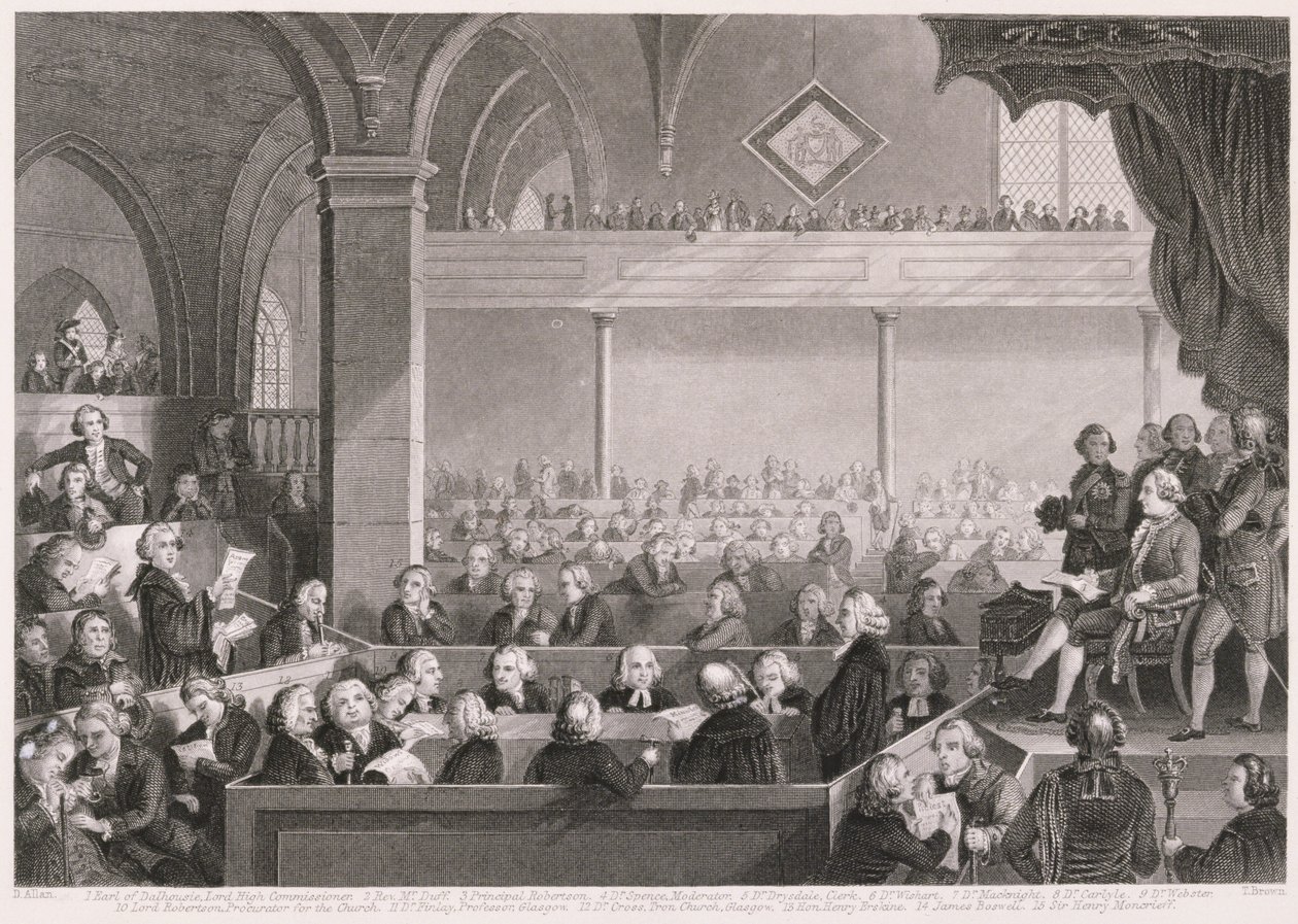 A skót egyház közgyűlése 1783-ban, T. Brown metszete, az A. Fullarton és Co. által kiadott "World Religion" című kötetből. alkotó: David Allan