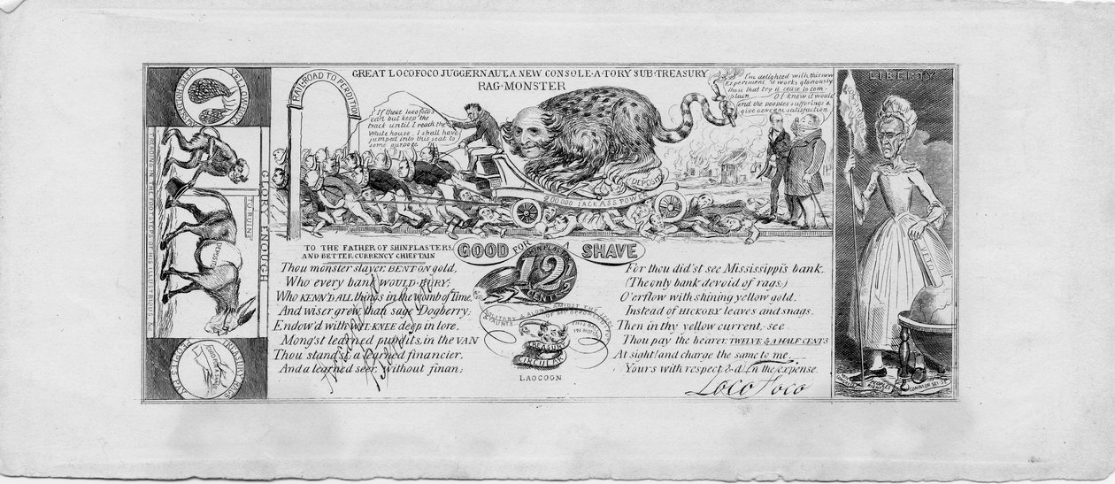Nagy locofoco juggernaut: egy új konzol-egy-tory alkincstári rongyszörny, 1837 körül (rézmetszet) alkotó: David Claypoole Johnston