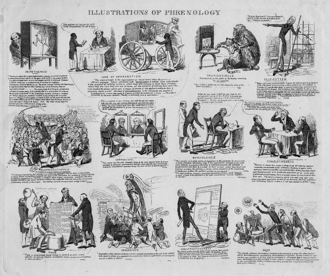 A frenológia illusztrációi, 1834 körül alkotó: David Claypoole Johnston