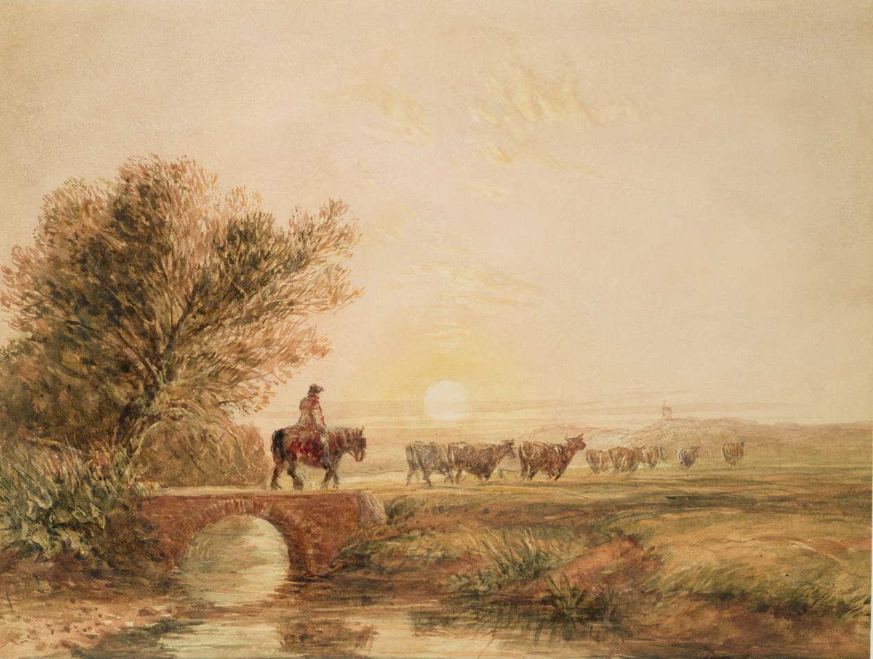 Egy lovas drover szarvasmarhákkal átkel a hídon naplementekor (ceruza és WC papíron) alkotó: David Cox