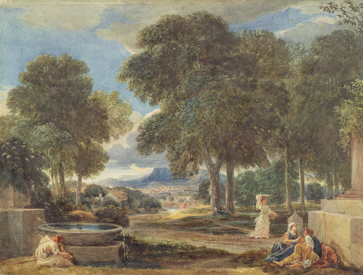 Tájkép egy szökőkútnál lábát mosó férfival, Nicolas Poussin (1594-1665) nyomán alkotó: David Cox