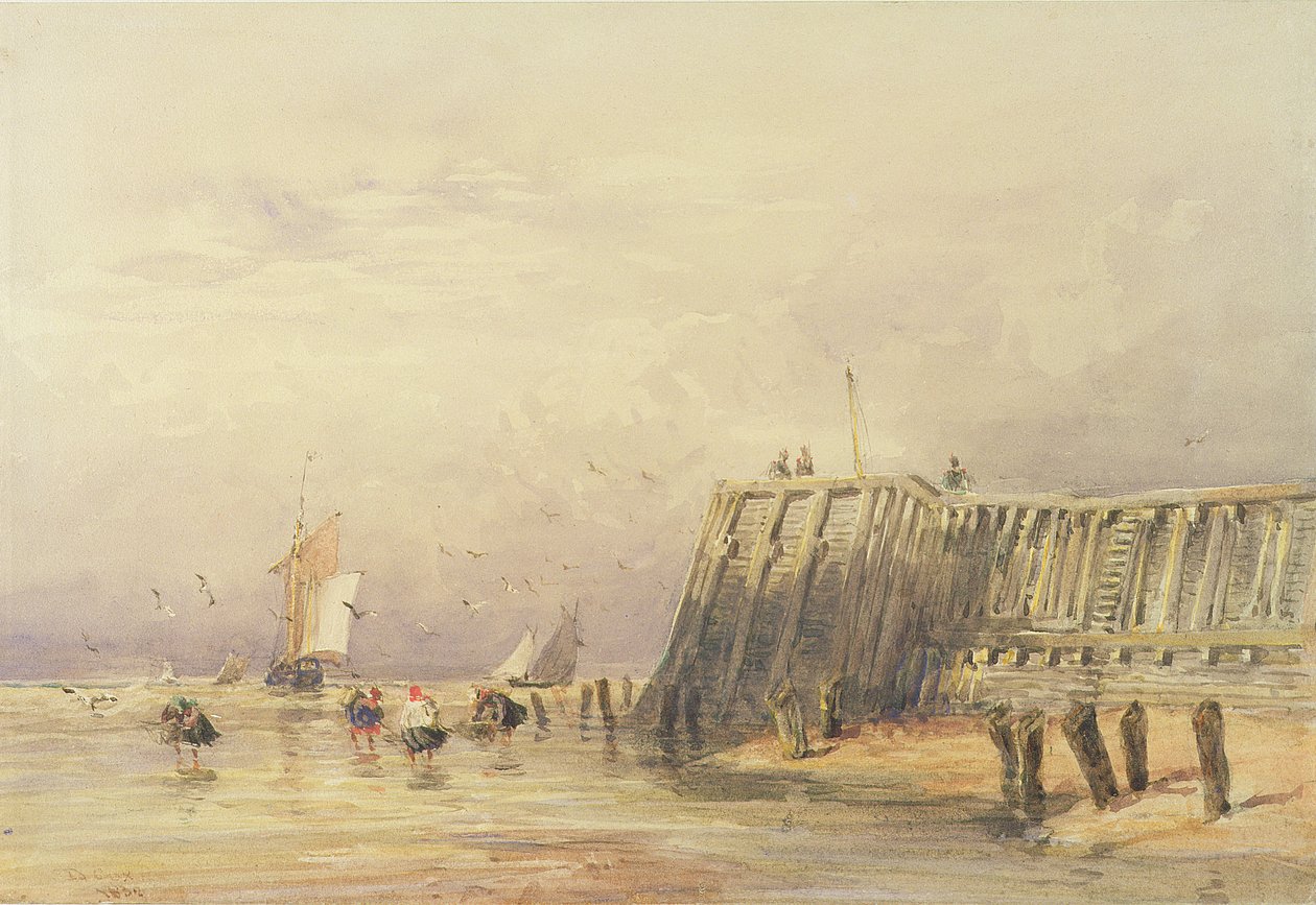 Tengeri táj vitorlás uszályokkal és tengeren gázoló alakokkal, 1832 alkotó: David Cox