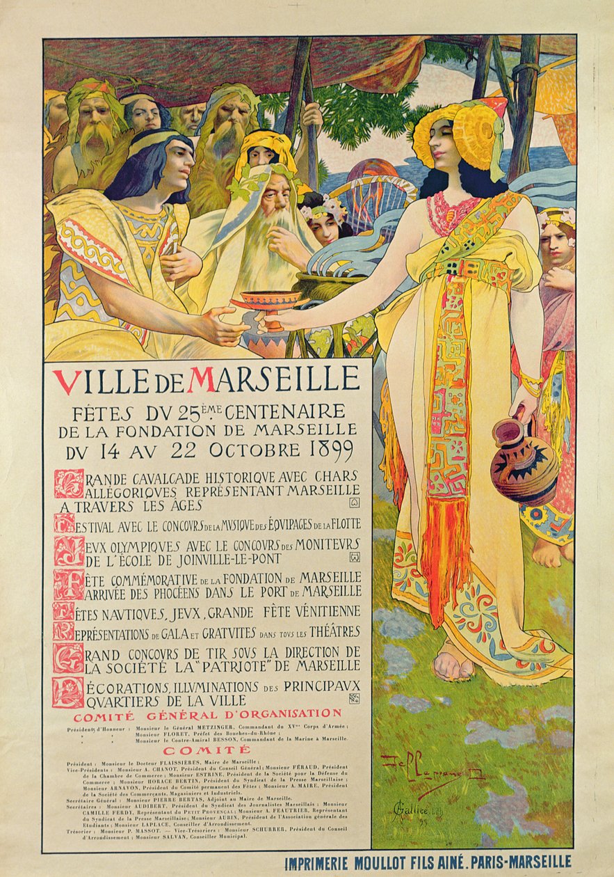 A marseille-i alapítás emlékére készült plakát, A. Gallice metszete, 1899 alkotó: David Dellepiane