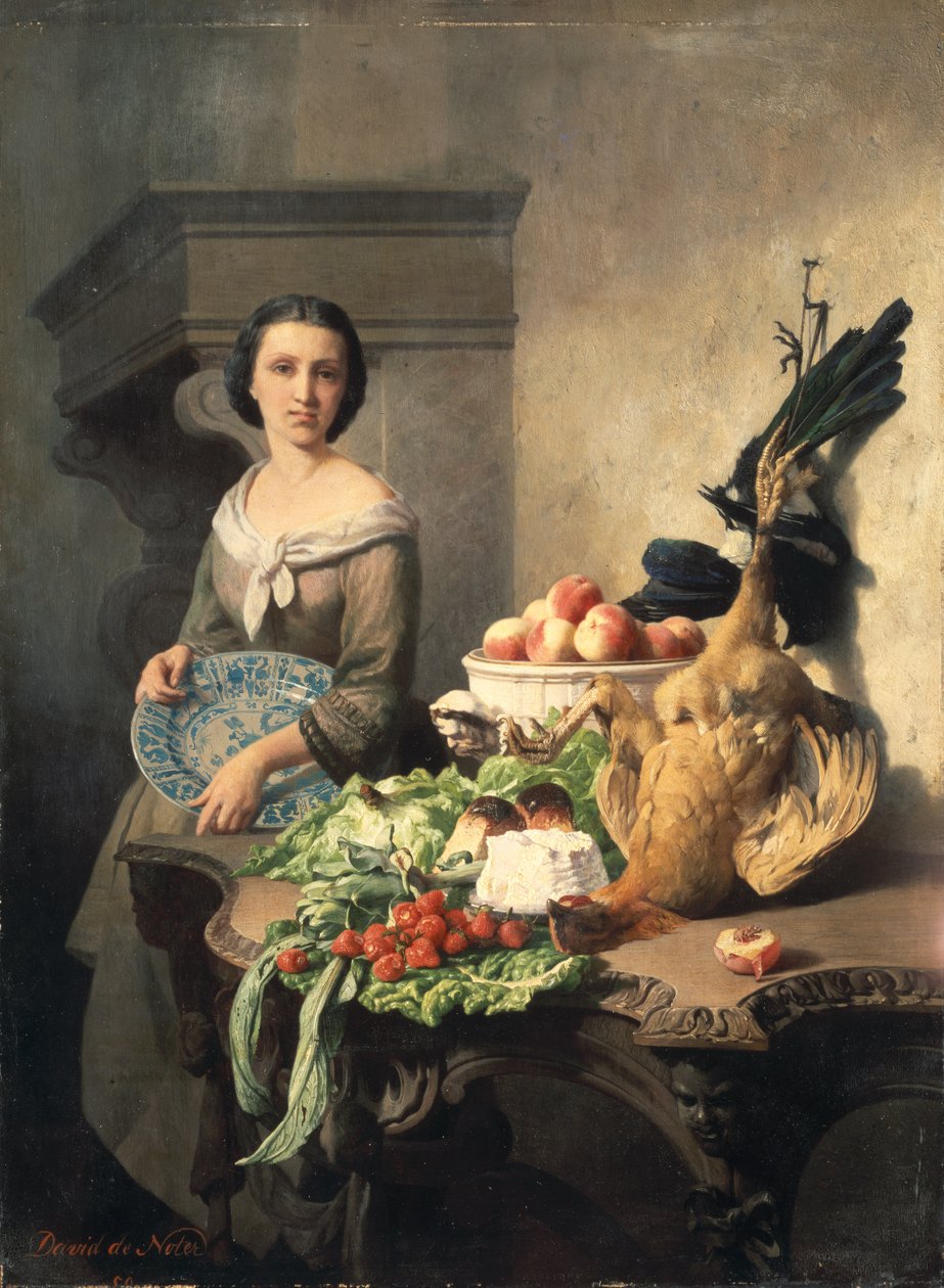 Felszolgáló lány áll egy étellel borított asztal mellett, 1859 alkotó: David Emil Joseph de Noter