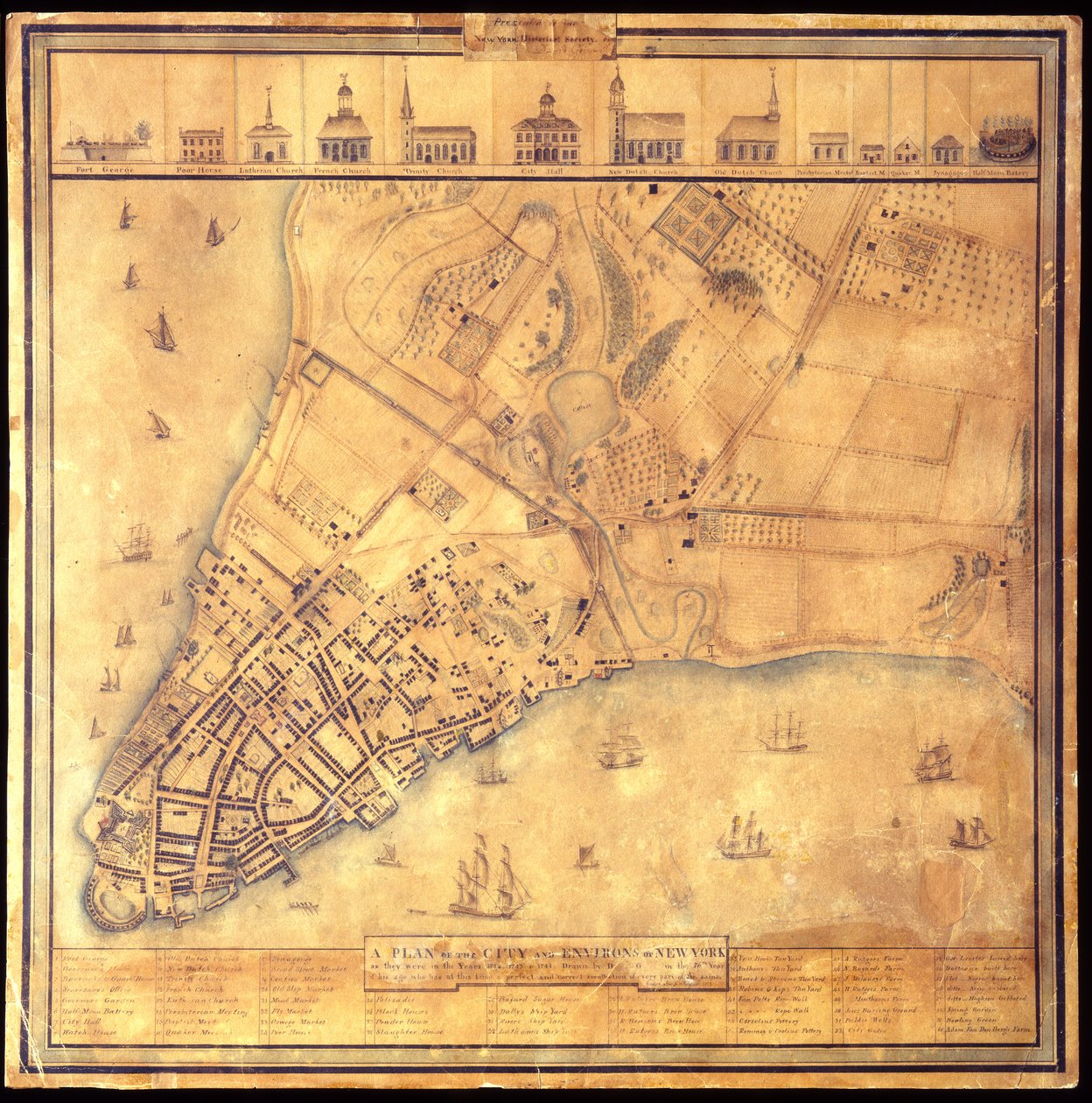 New York városának és környékének terve 1742-1744-ben, 1813 Toll-tinta, fekete és színes, akvarell, ceruza papíron. alkotó: David Grim