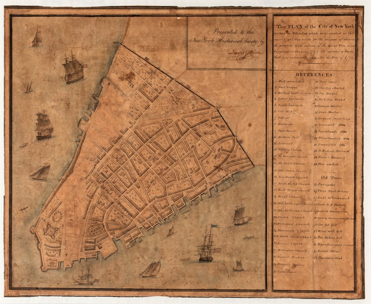 New York városának ez a terve (az 1745-ben emelt palánkon belül) azzal a céllal készült, hogy bemutassák a Nagy Tűz előrehaladását és mértékét, amely az évben történt. alkotó: David Grim