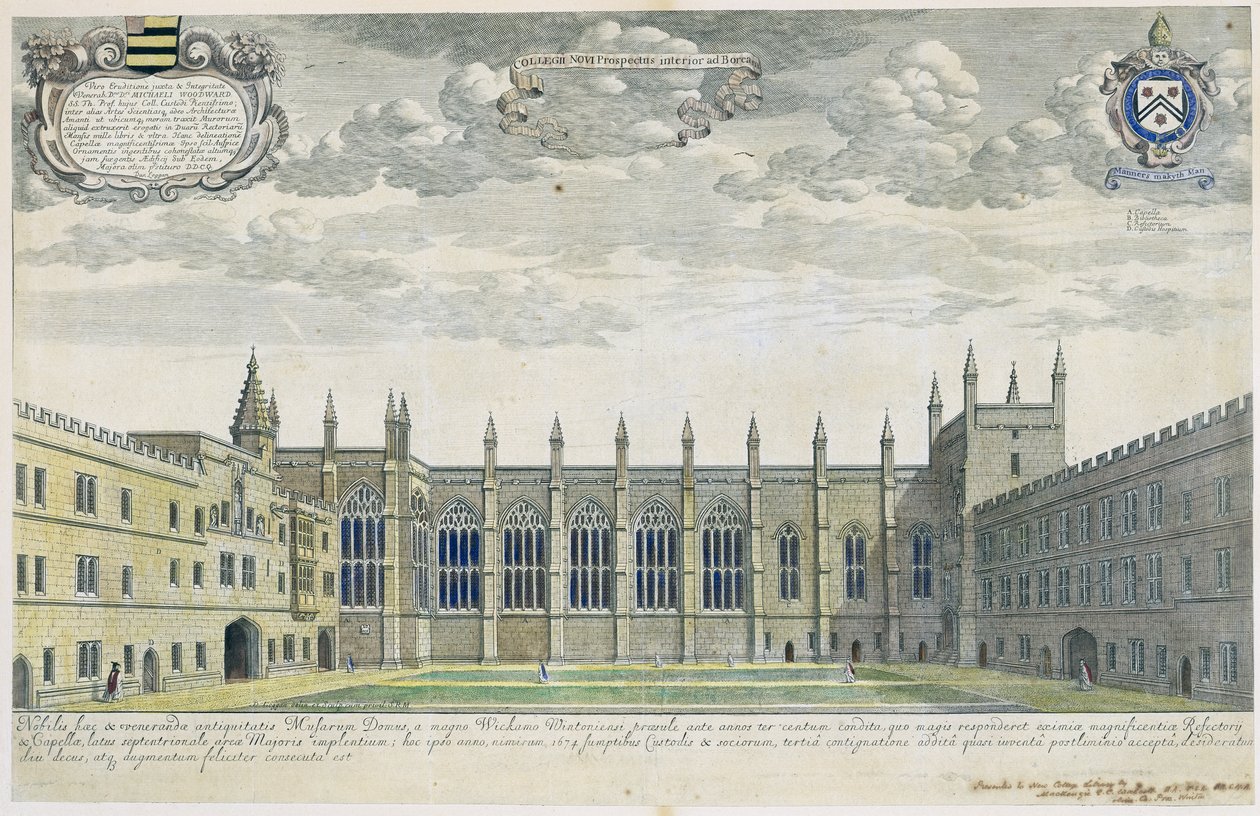 Collegium Novum: a New College elülső udvarának magasított nézete délről, 1675 (metszet, későbbi kézi színezéssel) alkotó: David Loggan