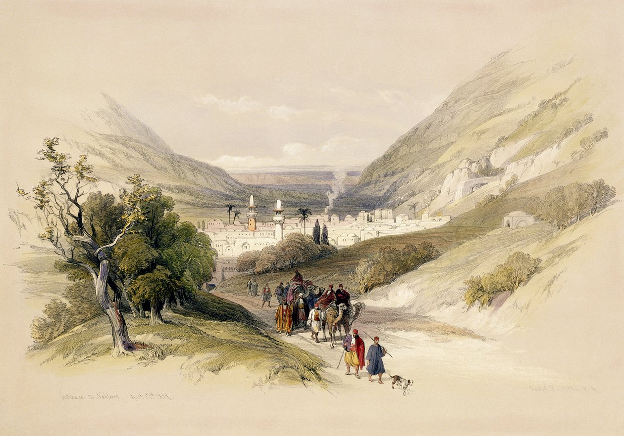 Nablous bejárata, 1839. április 17., „A Szentföld” I. kötetének 41. táblája, Louis Haghe (1806-85) kocsma metszete. 1842 alkotó: David Roberts