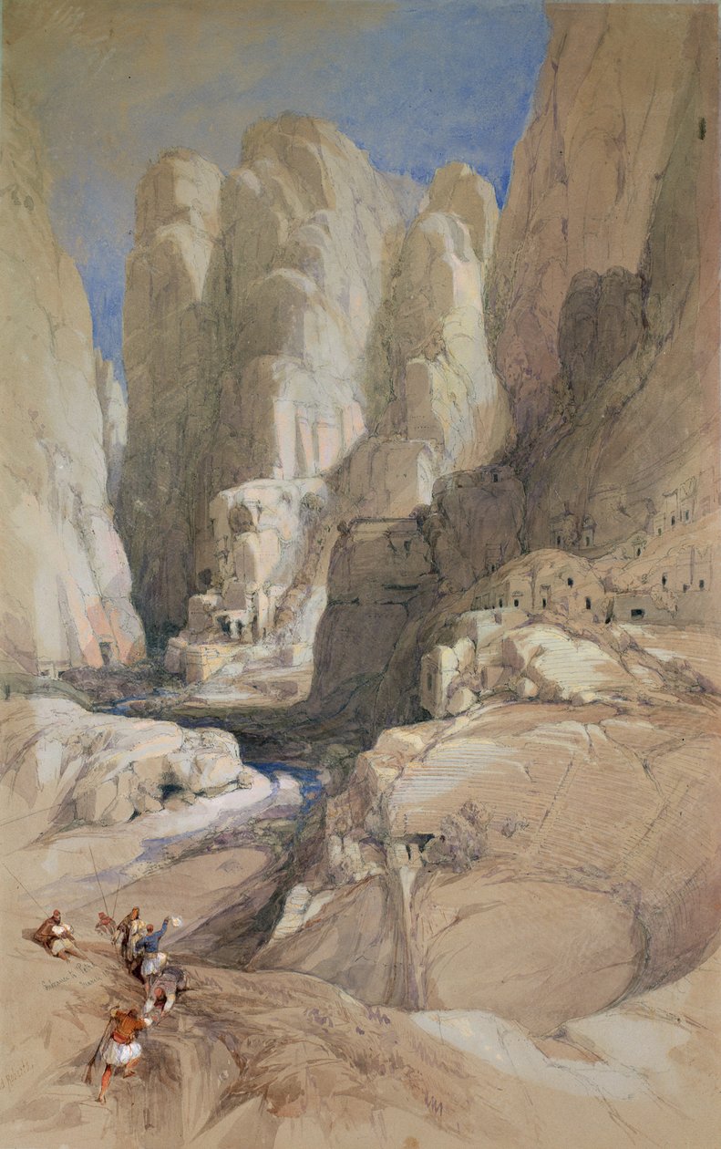 Petra, Jordánia bejárata, 1839 (világosszürke papíron fehérrel magasított wc) alkotó: David Roberts