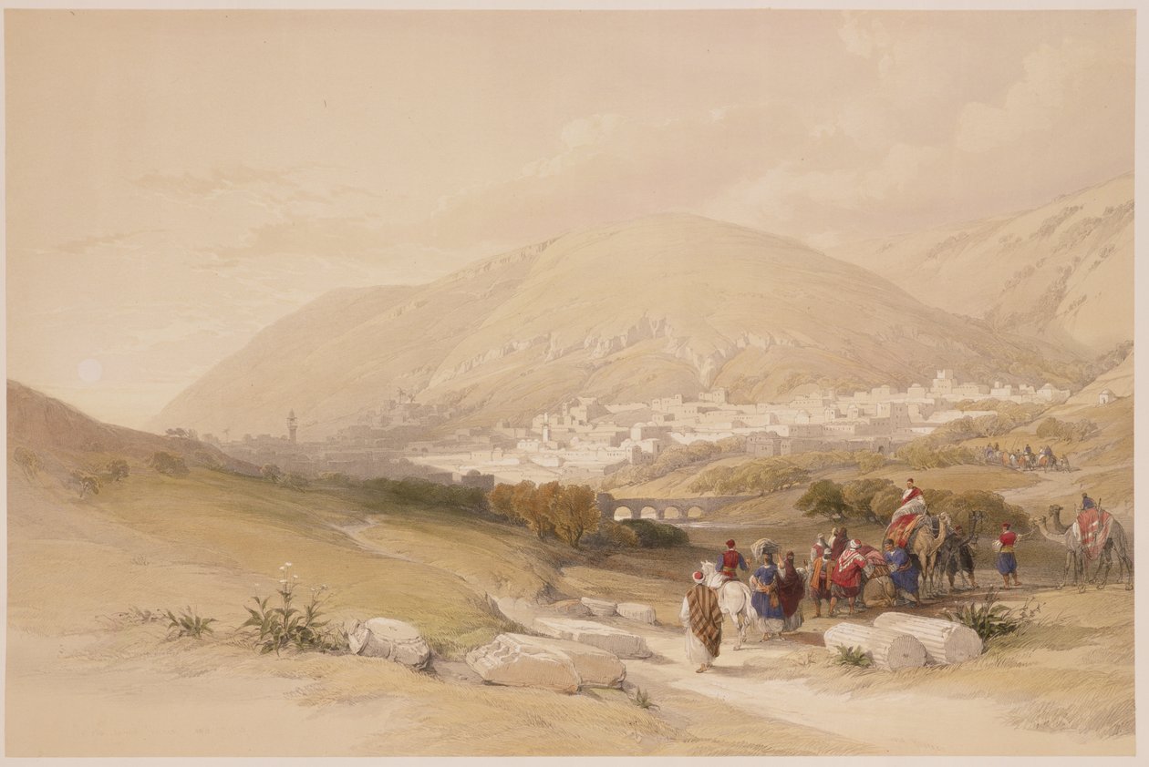Nablous, ókori Sekem, 1839. április 17., 42. tábla a „Szentföld” I. kötetéből, Louis Haghe (1806-85) kocsma metszete. 1842 alkotó: David Roberts