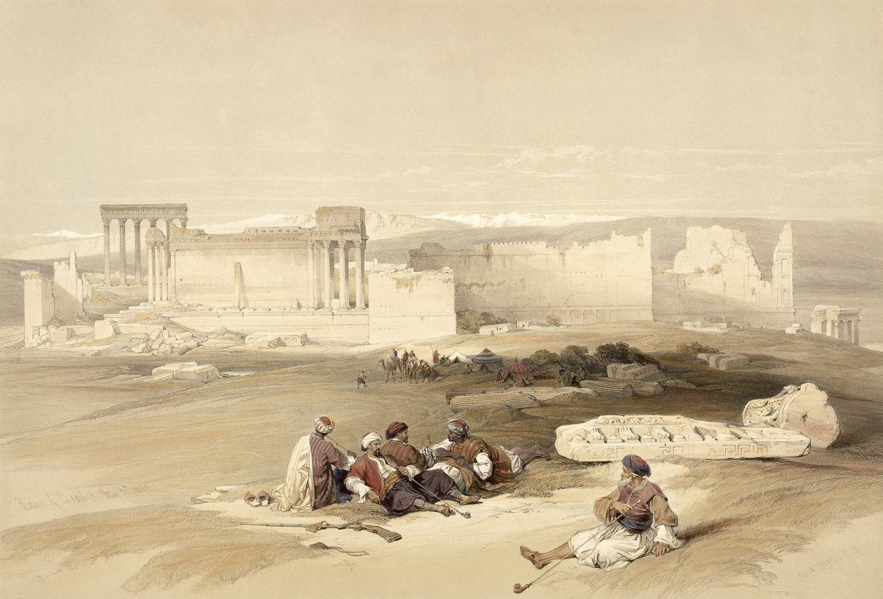 Baalbec romjai, 1839. május 5., „A Szentföld” II. kötetének 77. táblája, Louis Haghe (1806-85) kocsma metszetében. 1843 alkotó: David Roberts