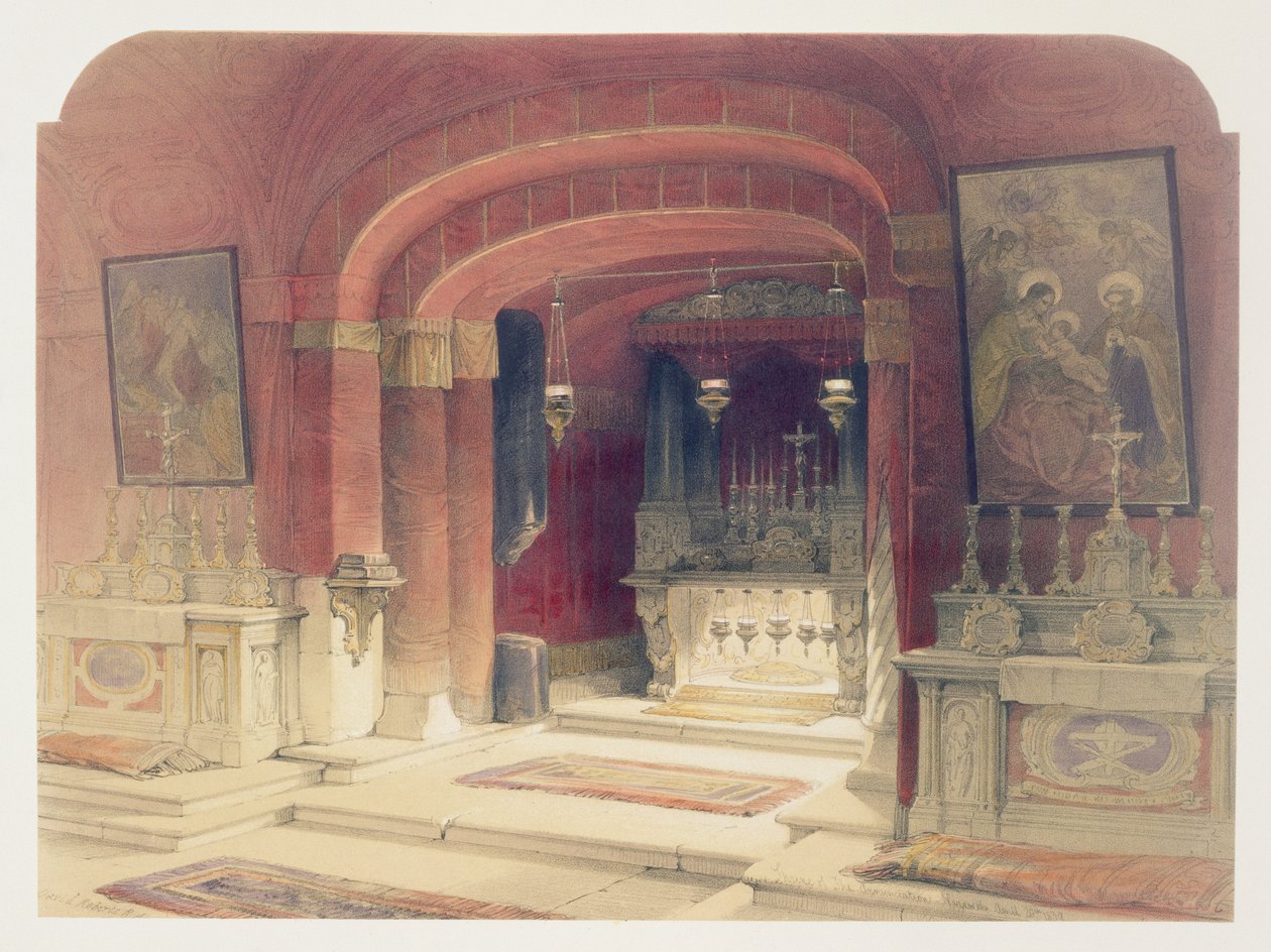 Az Angyali üdvözlet szentélye, Názáret, 1839. április 20., „A Szentföld” I. kötetének 31. táblája, Louis Haghe (1806-85) kocsma metszetével. 1842 alkotó: David Roberts