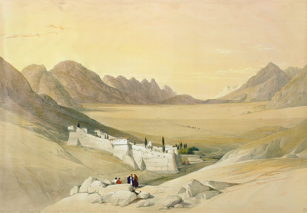 Szent Katalin kolostor, a Sínai-hegy, a Tábor síksága felé néz, 1839. február 21., 116. tábla a „Szentföld” III. kötetéről, Louis Haghe (1806-85) kocsma metszetével. 1849 (l alkotó: David Roberts