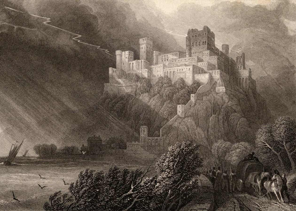 Rheinfels romjai, W. Radclyffe metszete, illusztráció a Rajna zarándokaiból, 1840-ben megjelent alkotó: David Roberts
