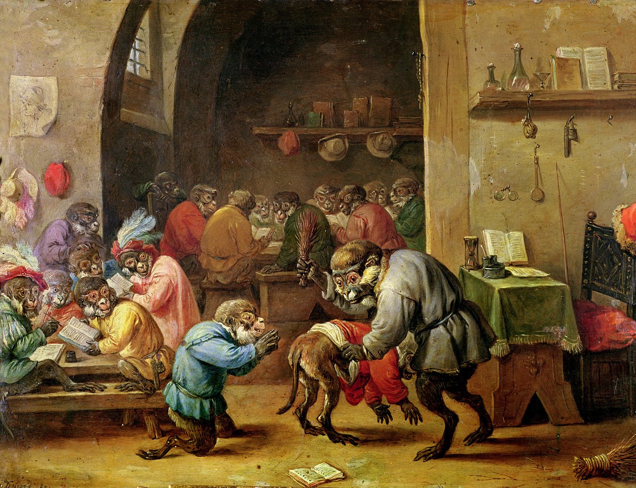 A majmok az iskolában (olaj, réz) alkotó: David Teniers the Younger