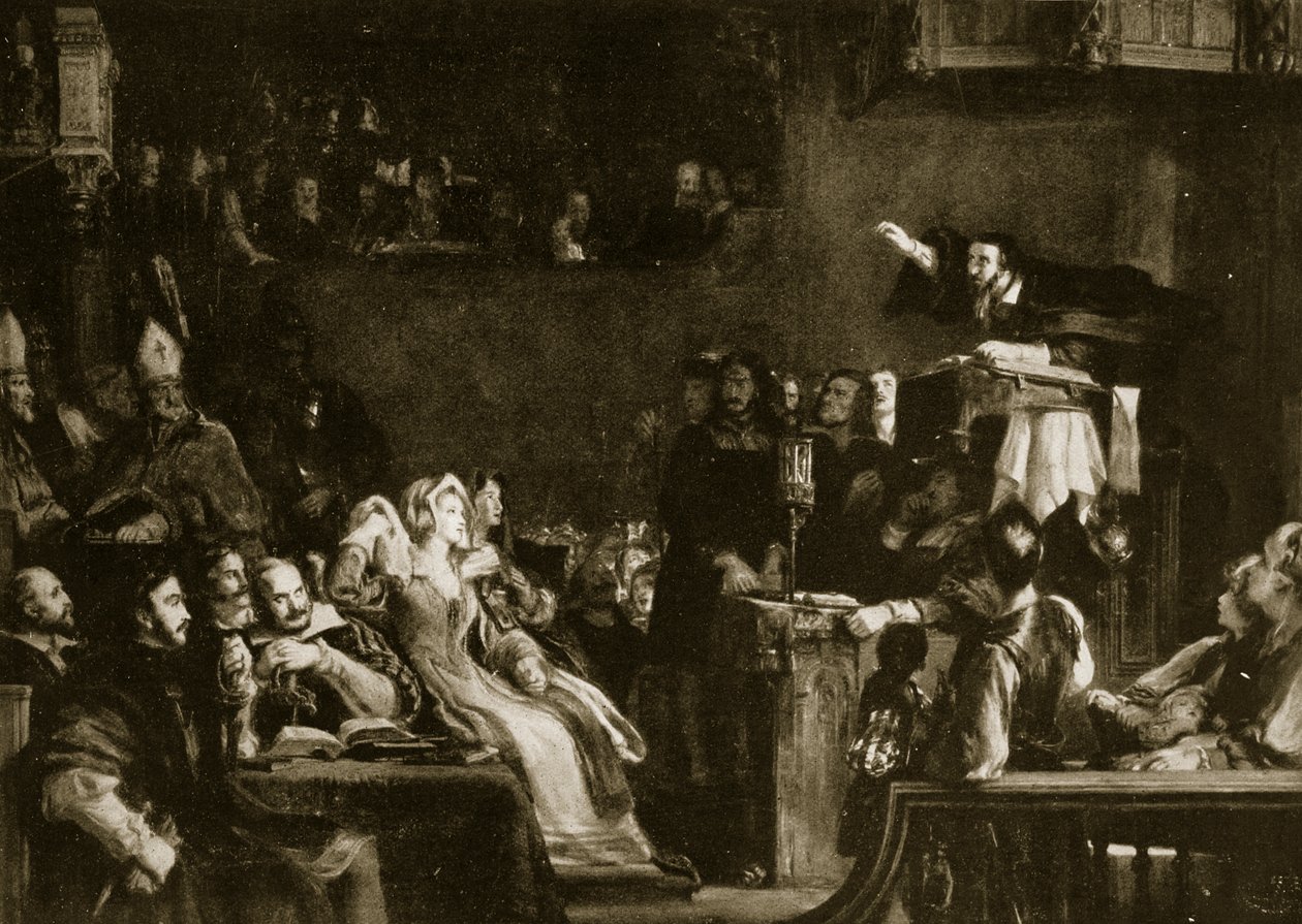 John Knox prédikál a Lords of Congregation előtt a St. Andrews-i katedrálisban, 1559, illusztráció a „Hutchinson