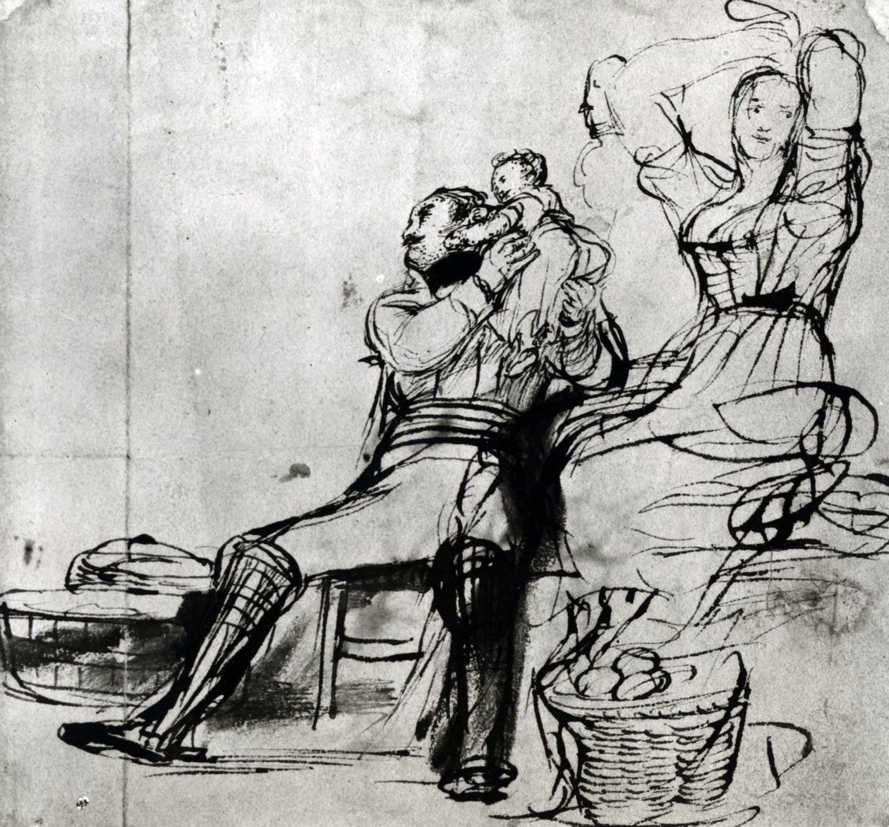 Tanulmány a „Chelsea nyugdíjasok, akik a Waterloo-i csata közlönyét olvassák” figuráiról, 1816-22 (toll és tinta papíron) alkotó: David Wilkie