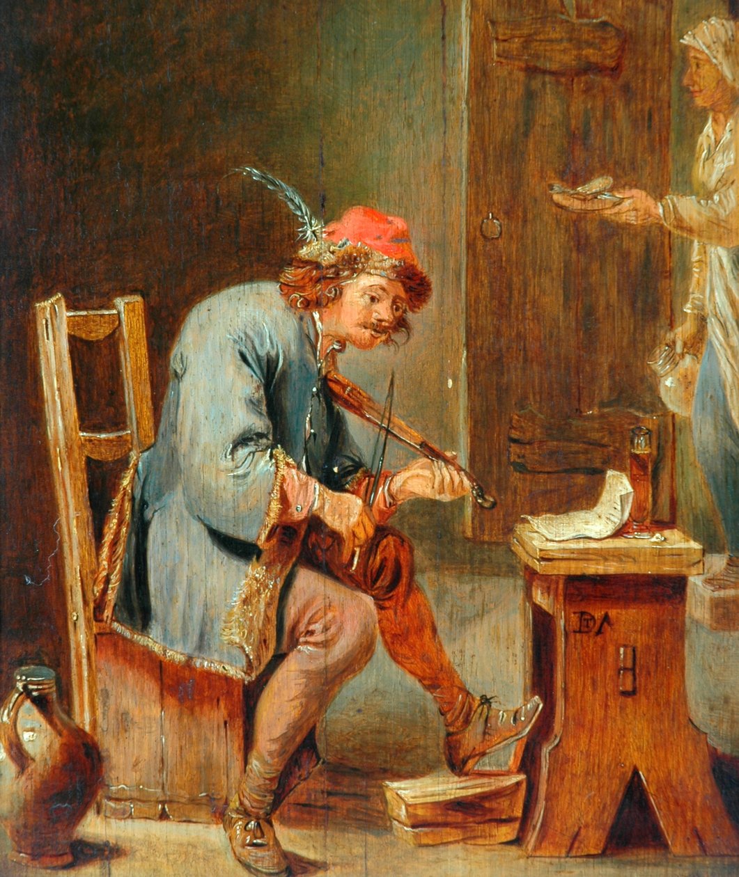 Férfi hegedűs, 1800-50 (olaj, fatábla) alkotó: David Teniers the Younger