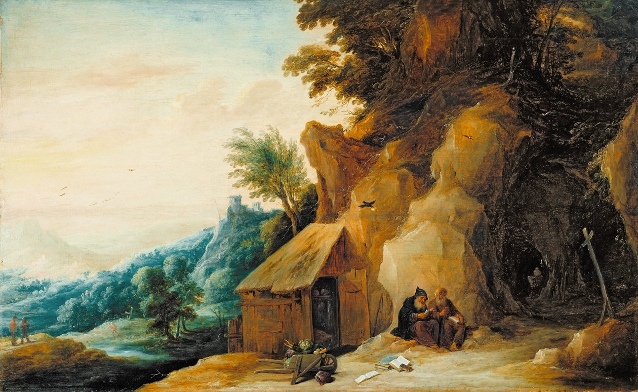 Szent Antal és Pál egy tájképben, 1636-38 körül (olaj, tábla, masonitra átvitt) alkotó: David Teniers the Younger