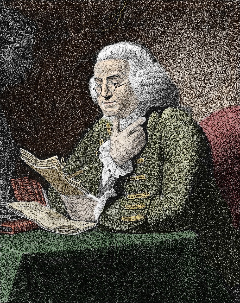 Benjamin Franklin (1706-1790) amerikai filozófus, fizikus és nagykövet portréja. Metszet David Martin festménye után. alkotó: David (after) Martin