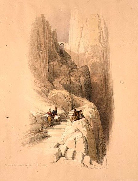 Felemelkedés a Sínai-hegyre, 1839. február 20., 115. tábla a „Szentföld” III. kötetéből, Louis Haghe (1806-85) kocsma metszetével. 1849 (litó) alkotó: David (after) Roberts