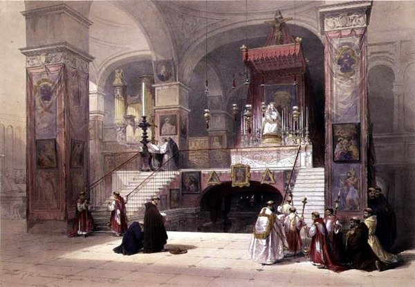 Az Angyali üdvözlet kápolnája, Názáret, 1839. április 28., „A Szentföld” I. kötetének 32. táblája, Louis Haghe (1806-85) kocsma metszetével. 1842 (litó) alkotó: David (after) Roberts