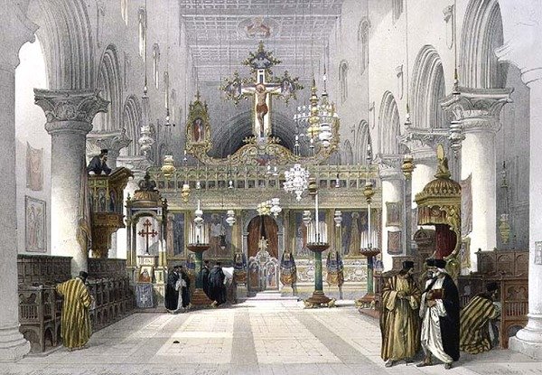 A Szent Katalin kolostor kápolnája a Sínai-hegyen, 1839. február 21., a „Szentföld” III. kötetének 112. táblája, Louis Haghe (1806-85) kocsma metszete. 1849 (litó) alkotó: David (after) Roberts