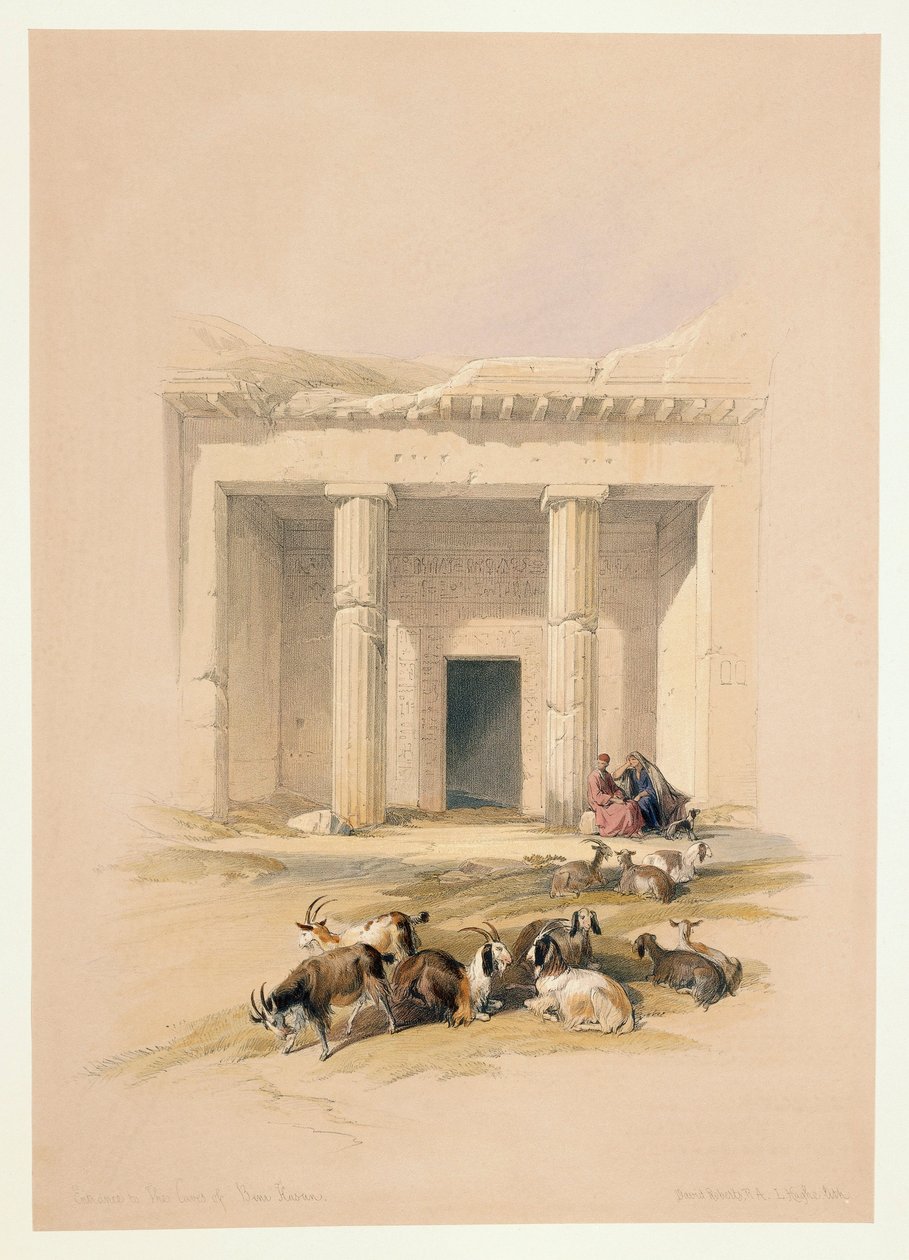 Egyiptom, Beni Hassan barlangjainak bejárata, metszet David Roberts rajza alapján alkotó: David (after) Roberts
