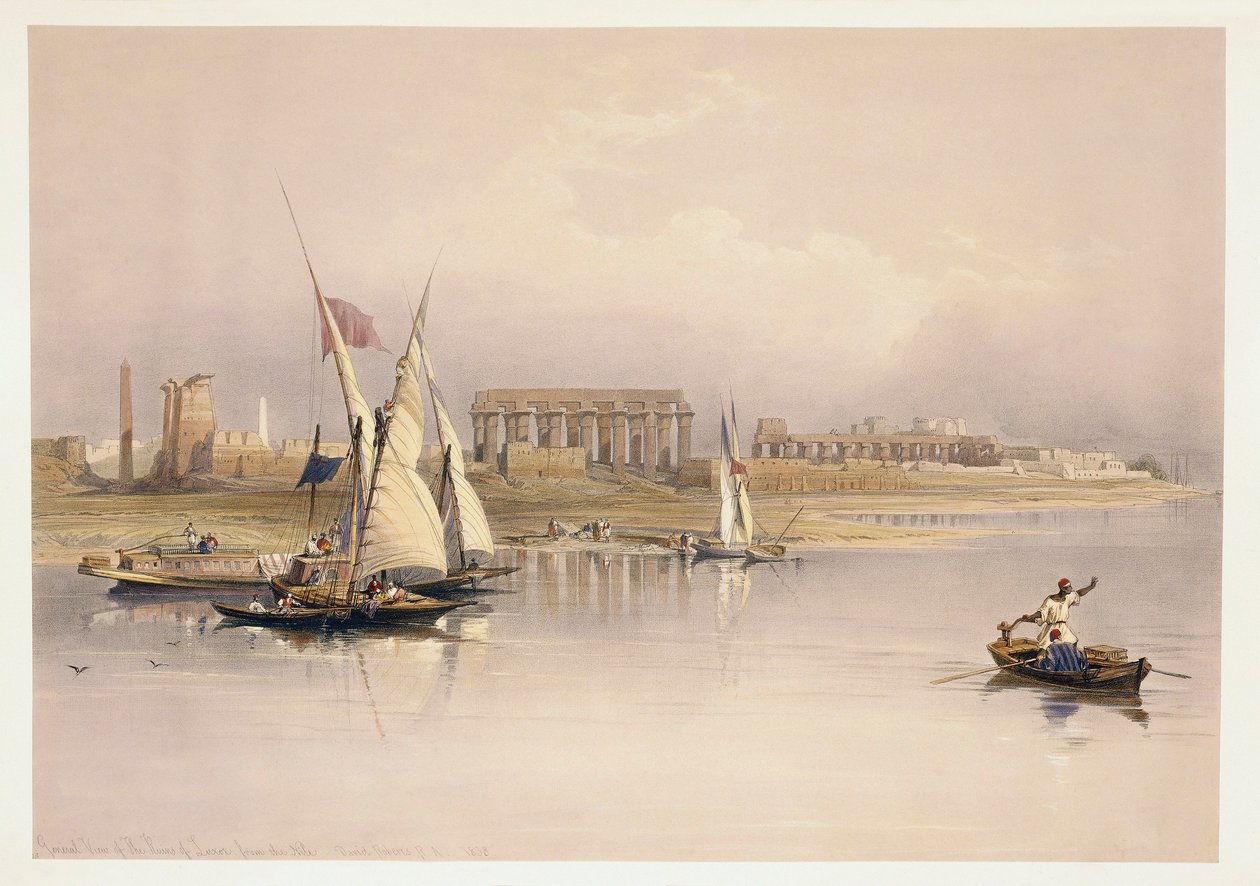 Egyiptom, Luxor romjai a Nílus folyóból, metszet David Roberts rajza alapján alkotó: David (after) Roberts